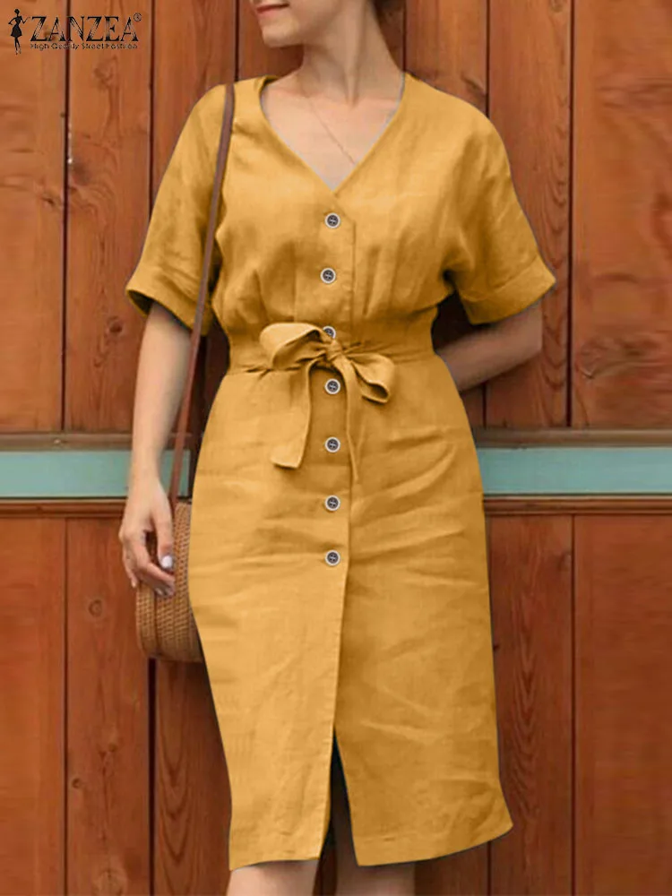 

Коллекция 2023 года, летние модные хлопковые платья ZANZEA, женское винтажное офисное платье с коротким рукавом и V-образным вырезом, элегантный женский сарафан большого размера