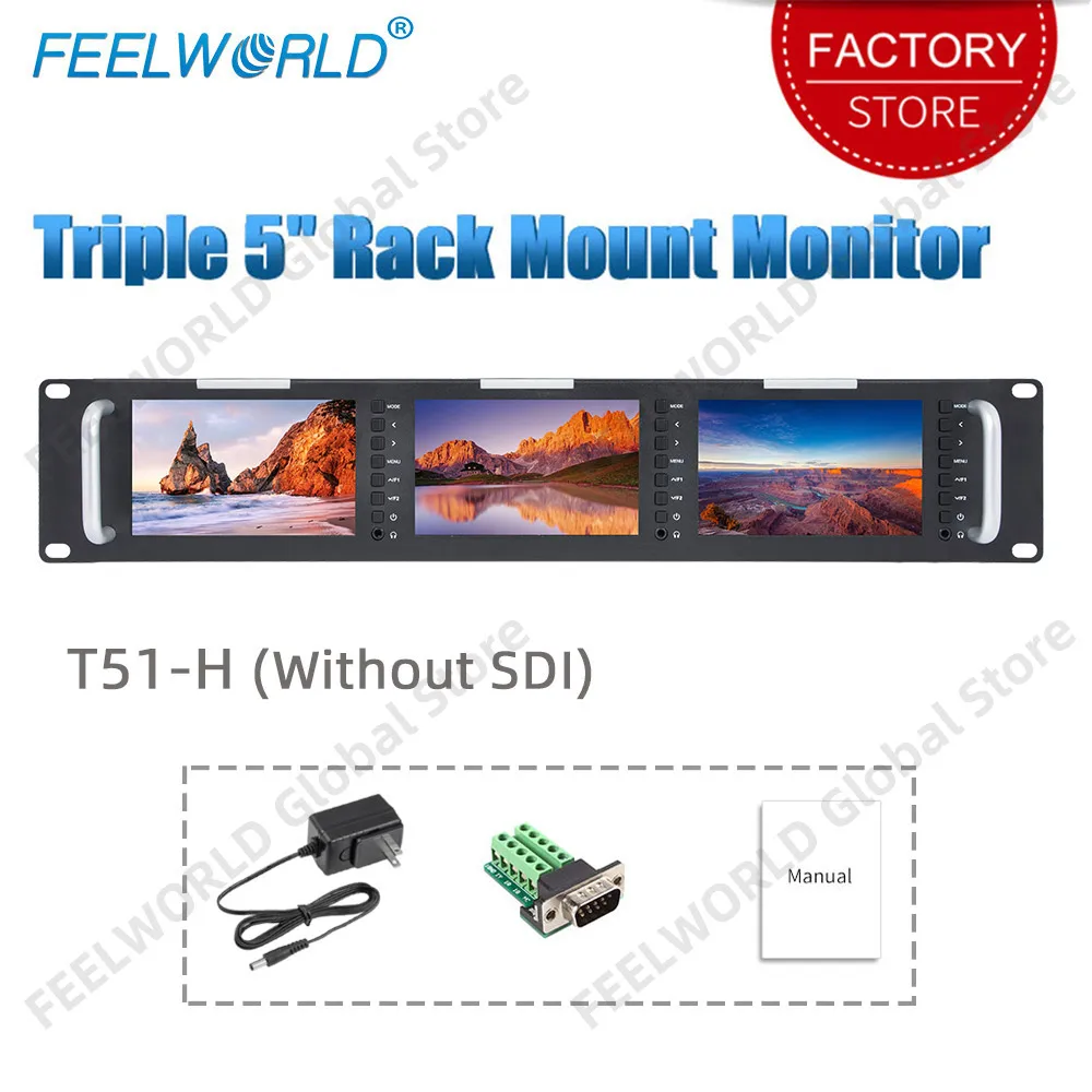 FEELWORLD T51-H тройной 5-дюймовый 2RU вещательный стеллажный монитор LCD 800x400 HDMI видео аудио вход и выход для вещания
