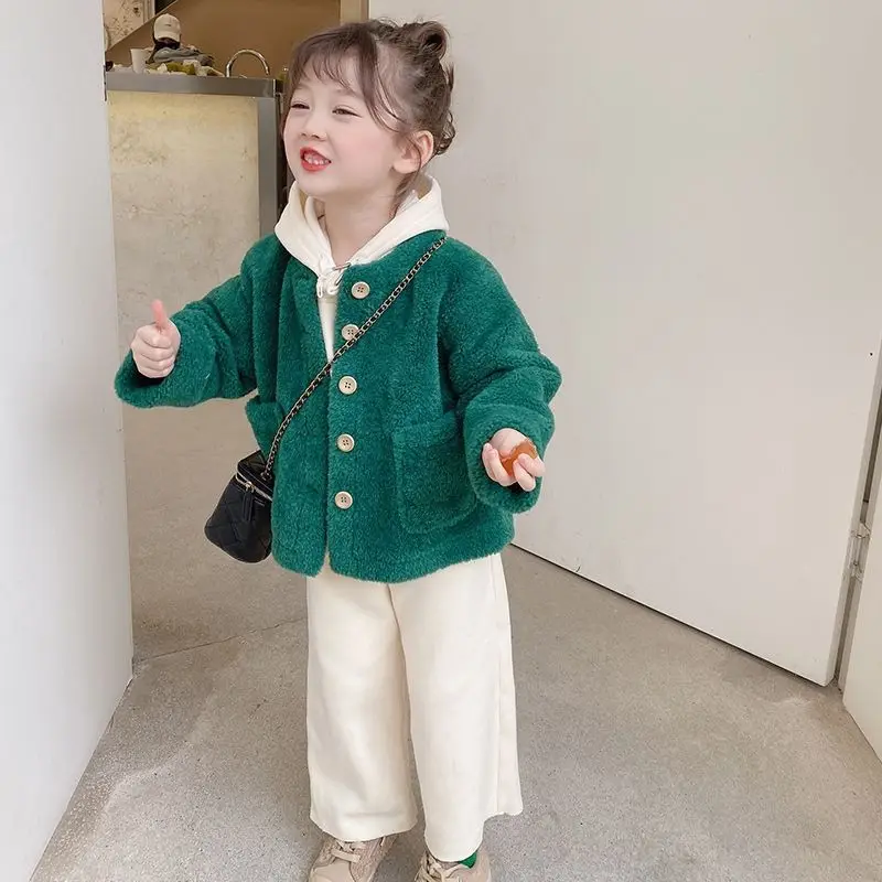 

Kids Lambswool Thick Warm Jacket Girls Green O Neck single-breasted Button Coat Toddler Baby Girl Autumn Clothing Children Outer