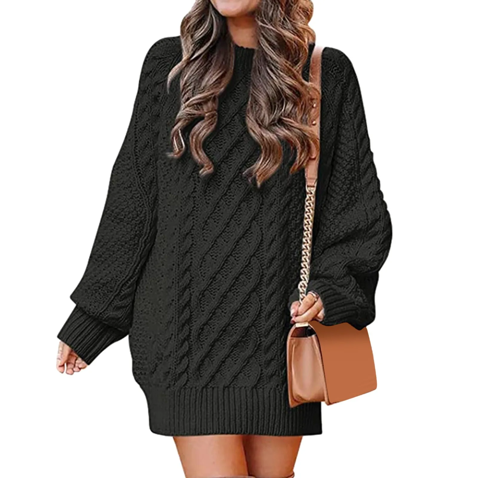 

Ladies Autumn And Winter Round Neck Loose Solid Color Pullover Knit Sweater Dress Woman Sweater Dresses