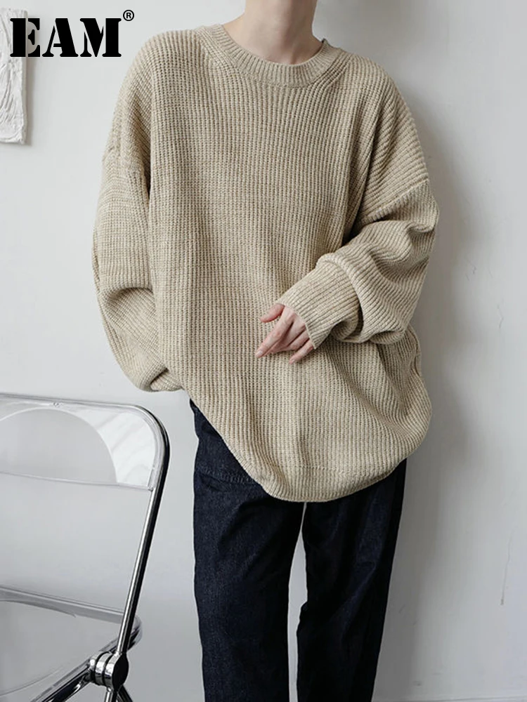 

[EAM] Khaki Big Size Knitting Sweater Loose Fit Round Neck Long Sleeve Women Pullovers New Fashion Autumn Winter 2023 1DF0825