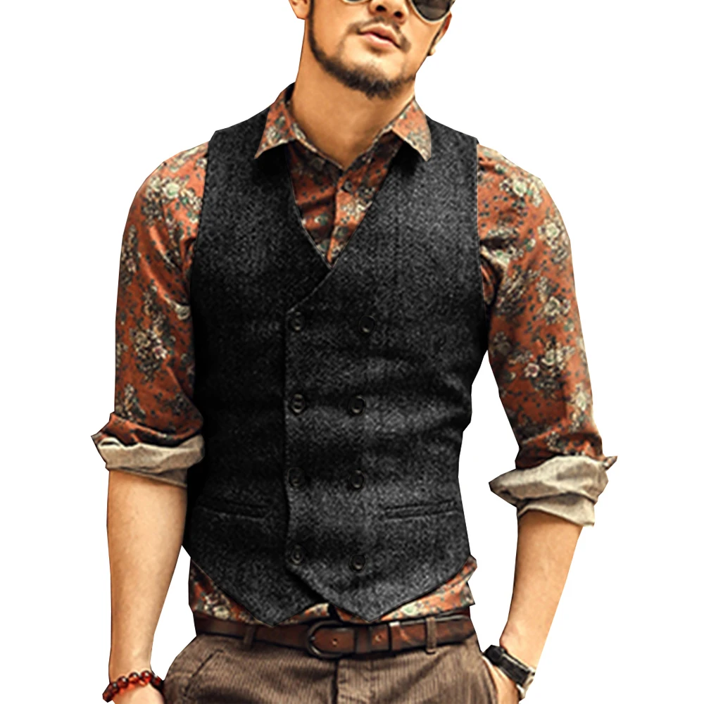 

Men Vests Suit Vest Tweed Man Waistcoat Brown Black Groomman Wedding Clothing Jacket Victorian Style Steampunk Business 2022