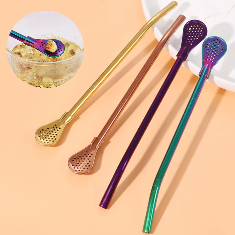 

Colorful Stainless Steel Tea Drinking Straws Spoon Yerba Mate Tea Filter Reusable Tea Tools Bar Accessories Straw Spoon