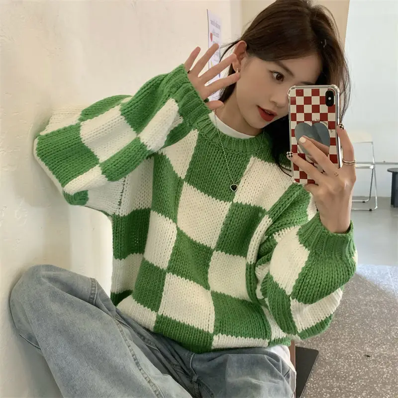 

A GIRLS Pullovers Women Knitting Plaid College Young Sweater Spring Autumn Straight Lantern-sleeve Fashionable Teens Chic Mujer