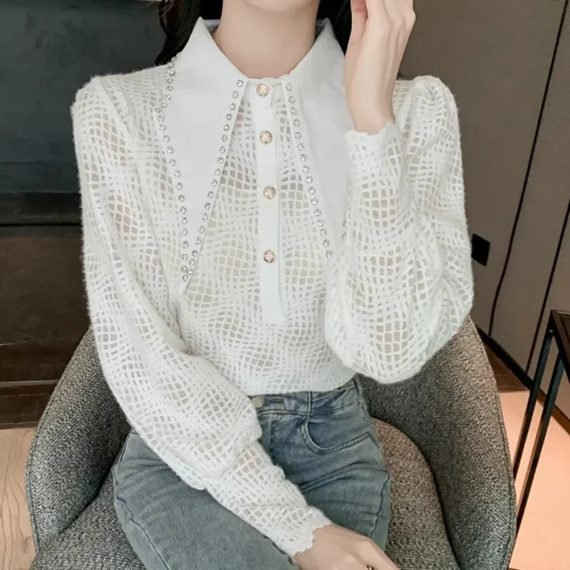 

Vintage Beading White Shirt Women Fashion Lantern Sleeve Hollow Women Lace White Blouse Elegant Clothes Office Lady Blusas 29530
