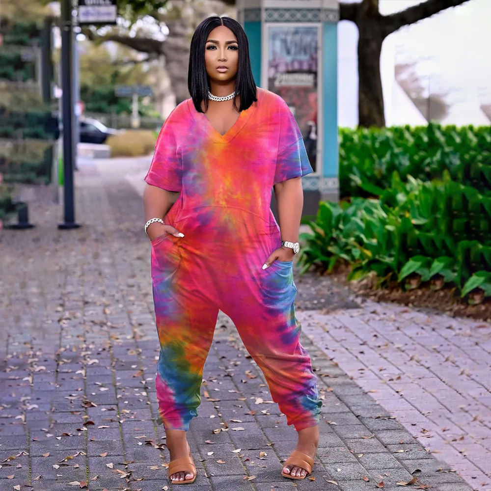 Plus Size Women Jumpsuit Tie Dye Print Pocket One Piece Cloth Female Fashion Pencil Pants  2023 Summer Lady Elegant Jumpsuits