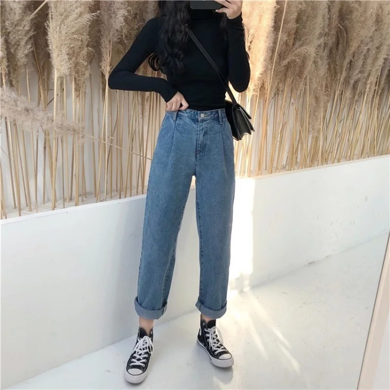 Casual Loose Straight Jeans with Free Bottoming-shirt 2023 Women Korean Fashion High Waist Denim Pant Summer Trousers Streetwear