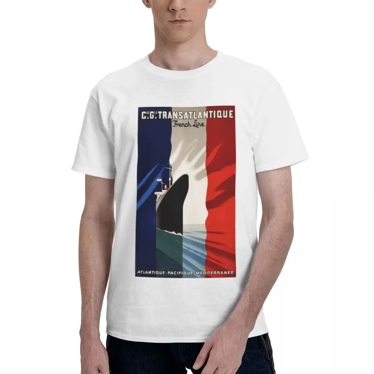 

Vintage Travel Poster France Line Transatlantique Motion Top tee High grade Fitness Title Hot Sale Eur Size
