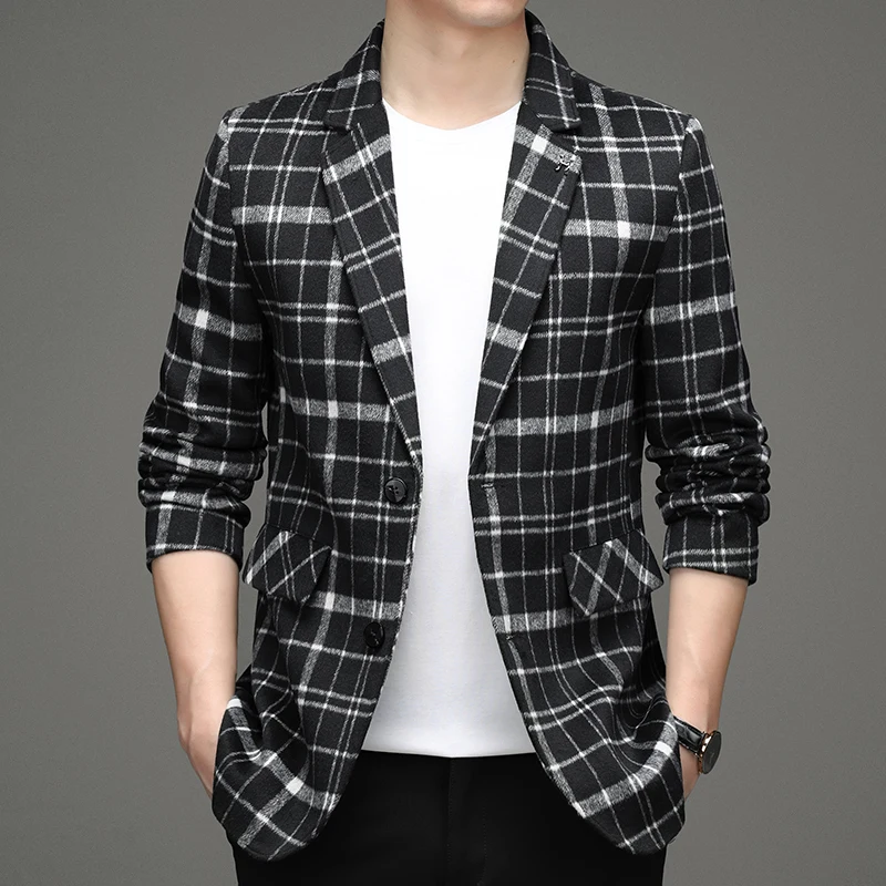 

2023Four seasons trend handsome high-end new products business casual plaid woolen suit men's slim all-match woolen coat