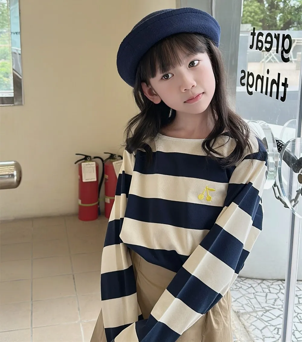 

Autumn kids tops baby girls cotton t-shirts Cherry embroidered long sleeved striped T-shirt unisex tops