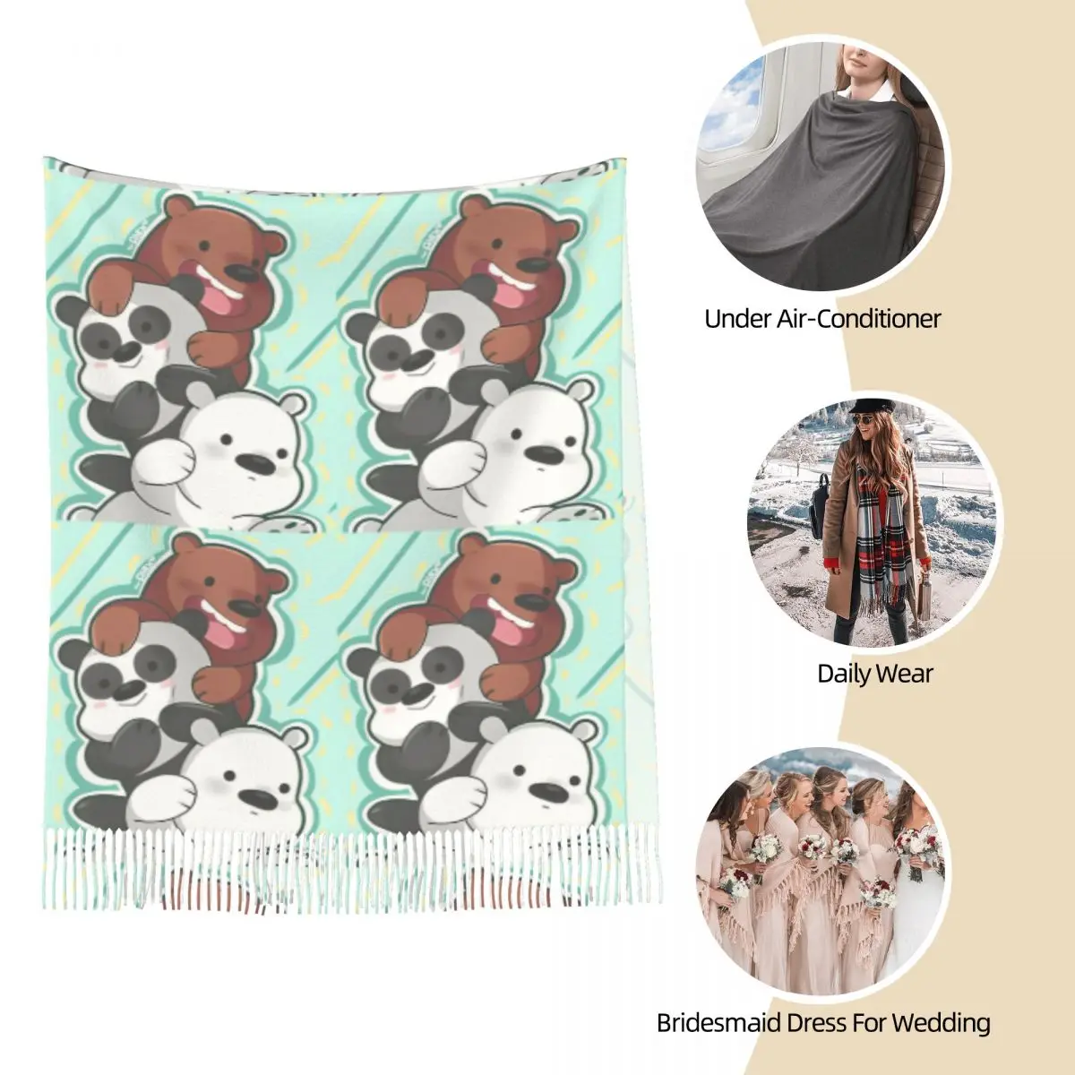 Женский шарф с кисточкой We Bare Bears Panda длинная зимне-осенняя шаль и накидка