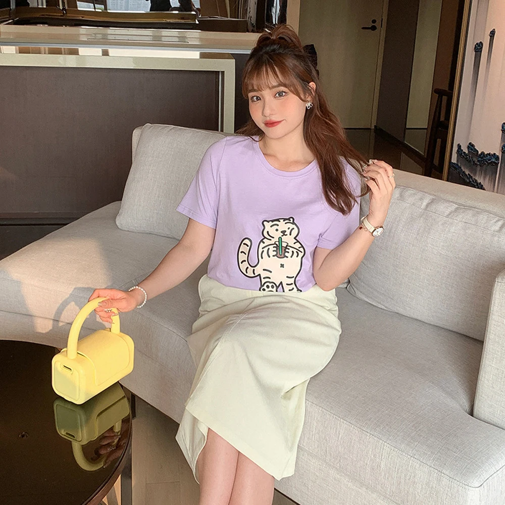 

Пурпурный Топ, хлопковая Летняя женская рубашка, милая вещь, кавайная японская корейская модная одежда, мультяшный тигр, пузырьки, чай, граф...