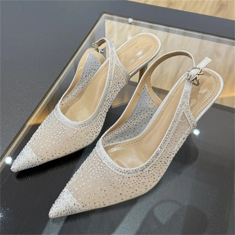 Модные женские туфли-лодочки Aneikeh с пряжкой, блестящими кристаллами, дышащей сеткой, заостренным носком, на тонком высоком каблуке, для банкетов