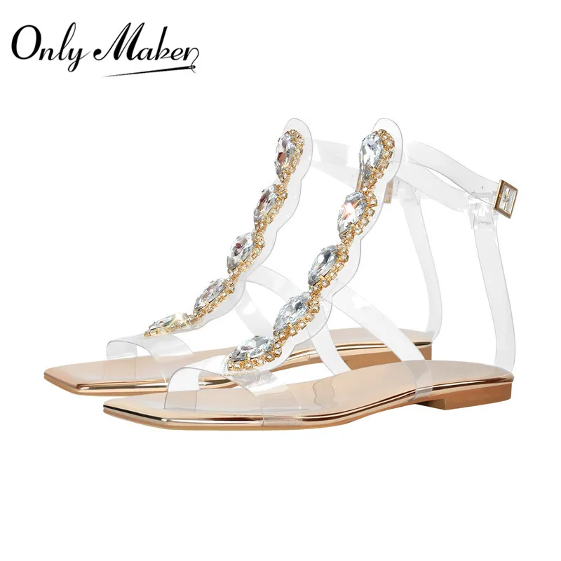 Onlymaker Women's Square Toe Rhinestone T-Strap  Flat Sandals Summer Casual Sandals