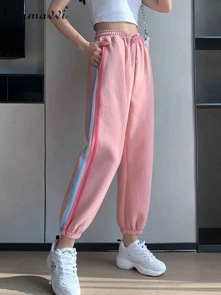 

Pink Track Sweatpants 2022 New Summer Clothes Fashion Thin Side Striped High Waist Slimming Loose Casual Sports Pants for Women