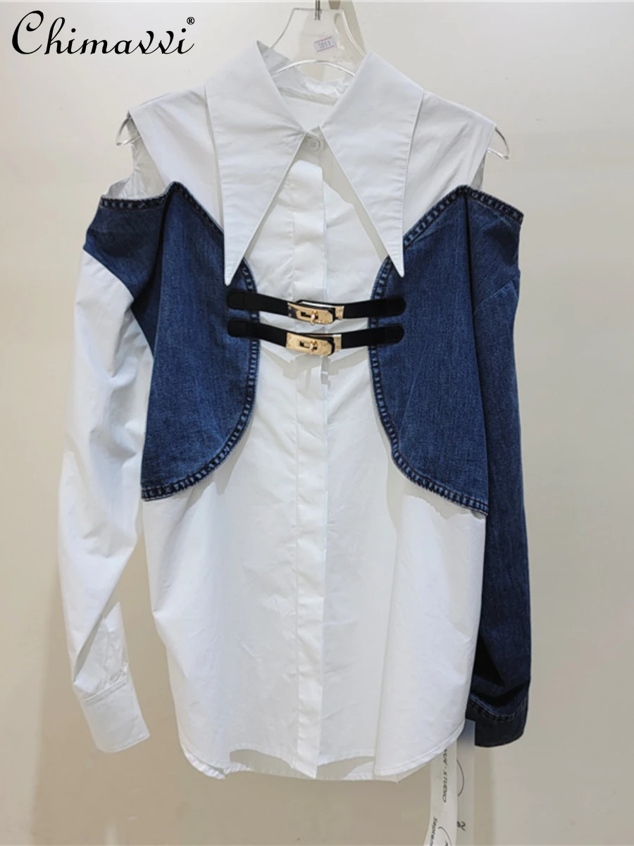 

European Station 2023 Autumn Fashion New Chic Design Off-Shoulder Lapel Patchwork Loose Long Shirt Women's Casual Elegant Tops