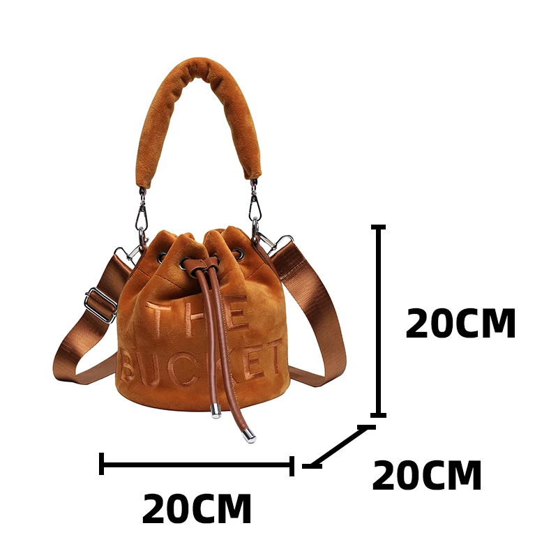 Female Brown Shoulder Bag Quality Velvet Small Ladies Drawstring Handbag Chic Original Letter Print Women Bucket Crossbody Bags