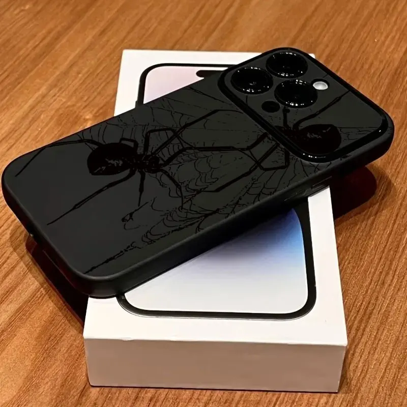Стильный черный чехол для телефона с узором паука для iPhone 11 12 13 14 15 Pro Max 16 Plus 17 Pro X XS XR, матовый, с большим окном, мягкая задняя крышка (art.: 3920dca09c2a3) - 3920dca09c2a3