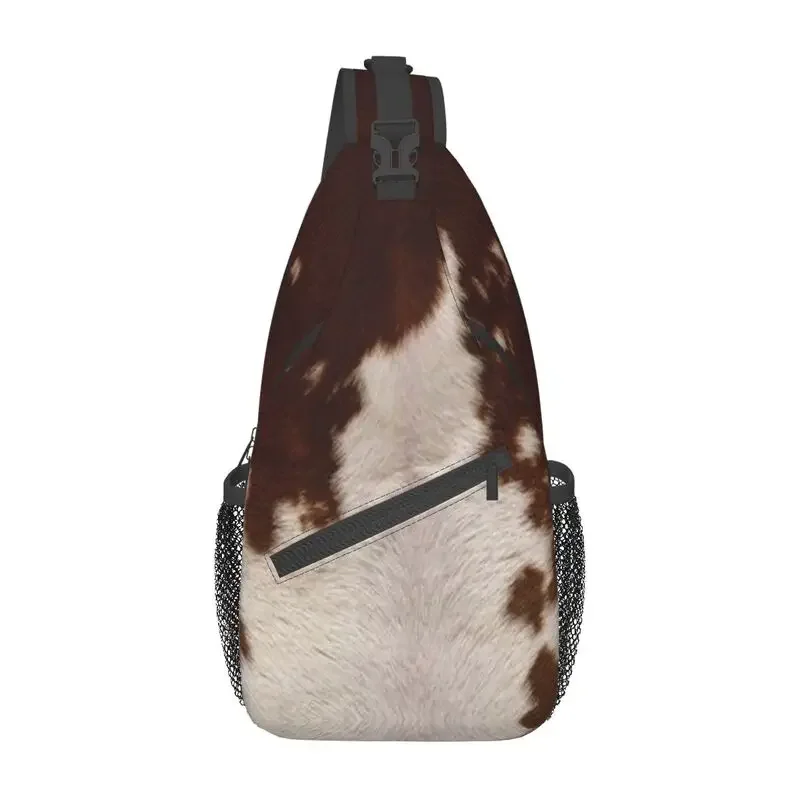 

Casual Brown Calf Cowhide Crossbody Sling Backpack Men Animal Skin Fur Leather Texture Shoulder Chest Bags for Traveling
