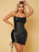 crisscross backless ruched drawstring pu leather bodycon dress