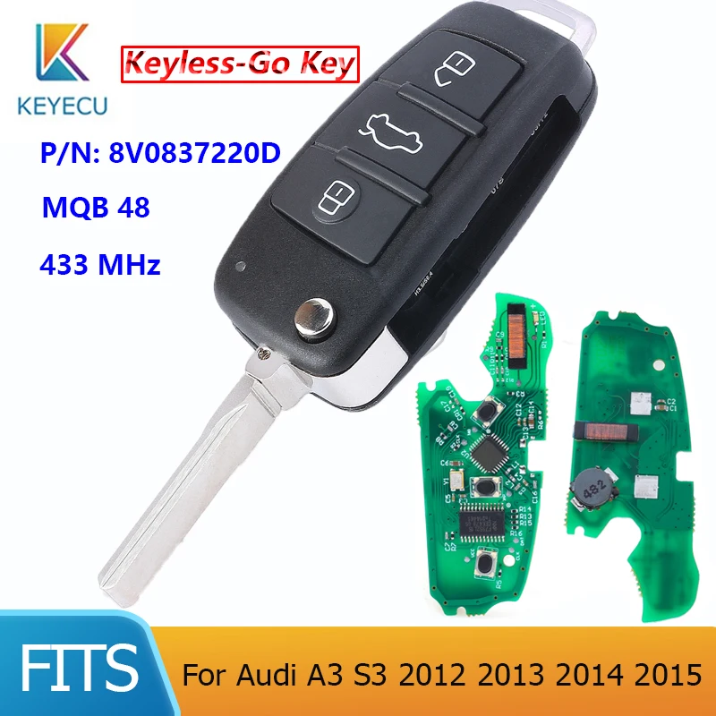 KEYECU без ключа Автомобильный ключ 3 кнопки 434 МГц для Audi A3 S3 2012 2013 2014 2015 P/N: 8V0837220D 8V0 837