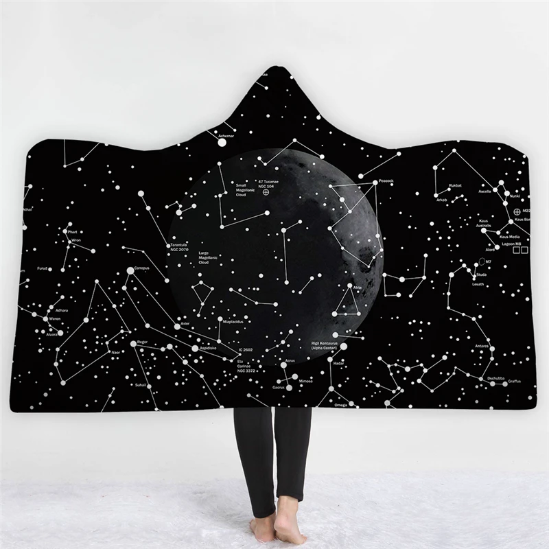 

3D Starry Sky Universe Printed Microfiber Hooded Blanket For Adults Kids Sherpa Fleece Galaxy Wearable Throw Blankets