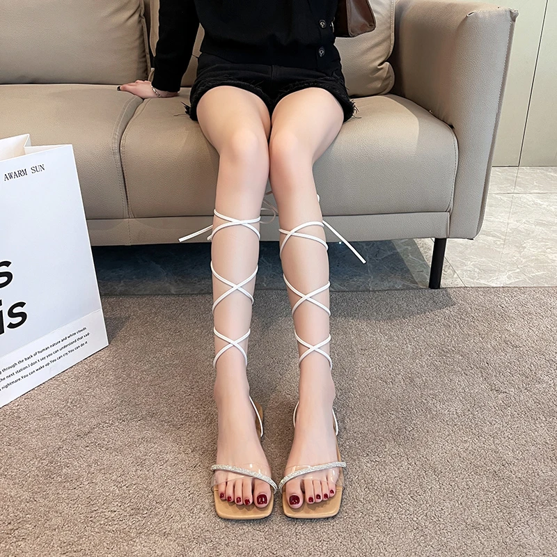 

Женские сандалии в римском стиле, повседневные пляжные сандалии на плоской подошве со стразами, на шнуровке, большой размер 43, для лета, 2023