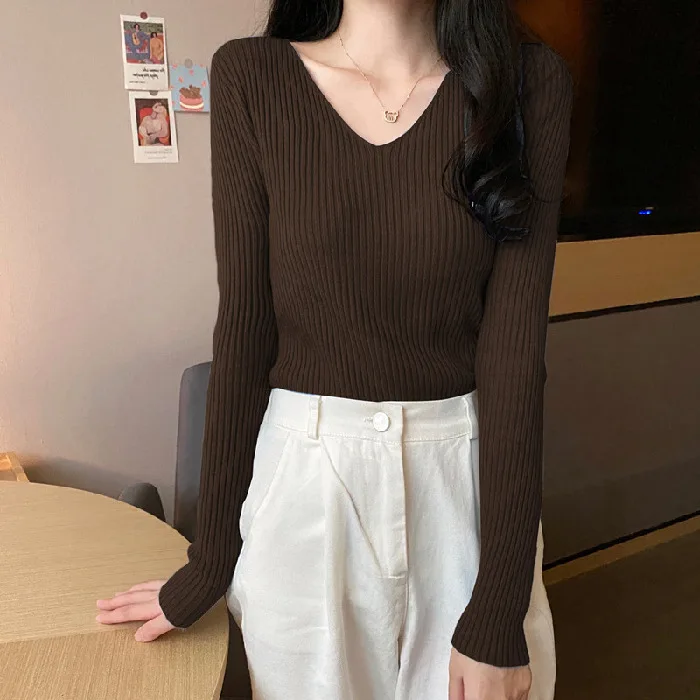 

2022 NEW FASHION WOMEN 2022 Long-sleeved solid color spring and autumn all-match casual V-neck bottoming shirt