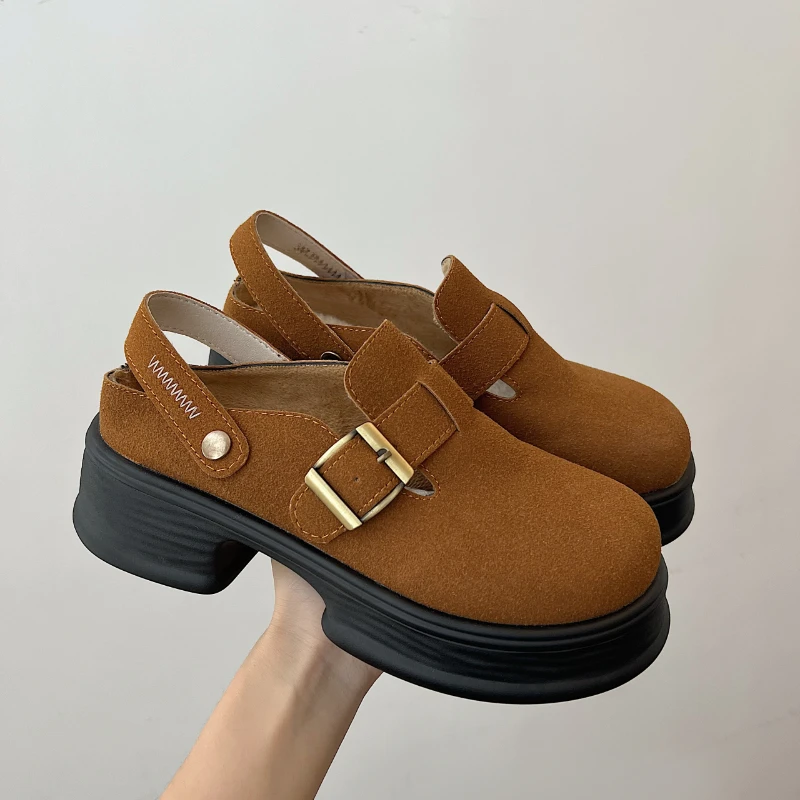 

Женские замшевые шлепанцы, осень 2023, с круглым носком, уличные Повседневные тапочки, толстые, менее скользящие, с задним ремешком