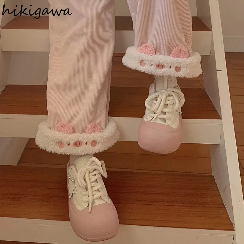 Японские широкие брюки новинка 2024 утолщенные винтажные милые с высокой талией