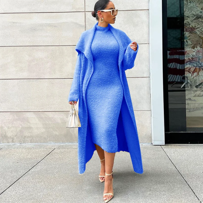 

KEXU Fleece Two Piece Set Women Turtleneck Sleeveless Midi Tank Dress Turn Down Collar Full Sleeve Long Robe Cardigan with Belt