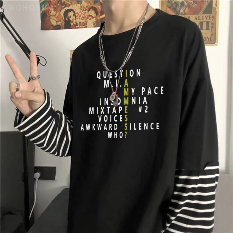 

Kpop Stray Kids Funny Letter Print Long Sleeve T Shirt Harajuku Korean Casual Oversize Itself Women Fake Two Pieces T-shirt