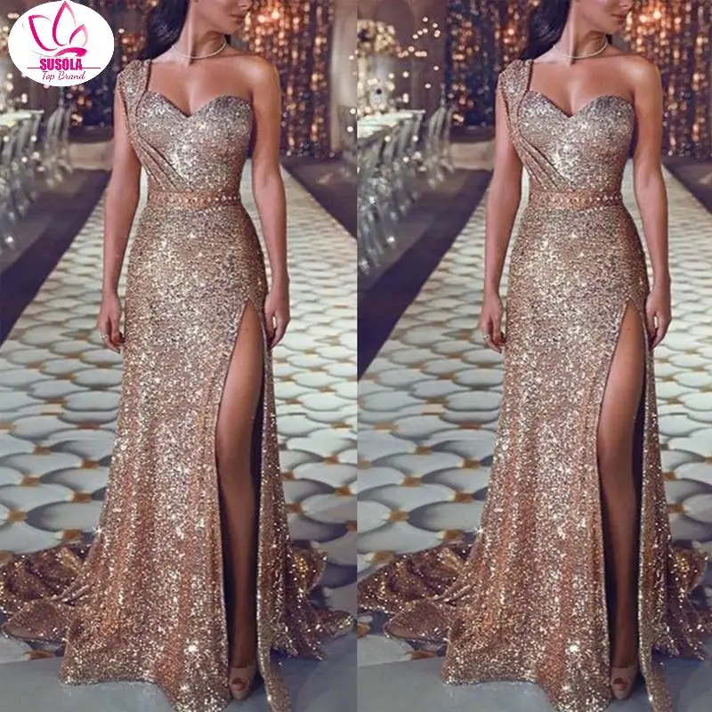 

2022 Spring Summer Sexy Club Wear Party Dress Womens Pink Gold Knot V Neck Twist Front High Slit One Shoulder Sequin Maxi Dress