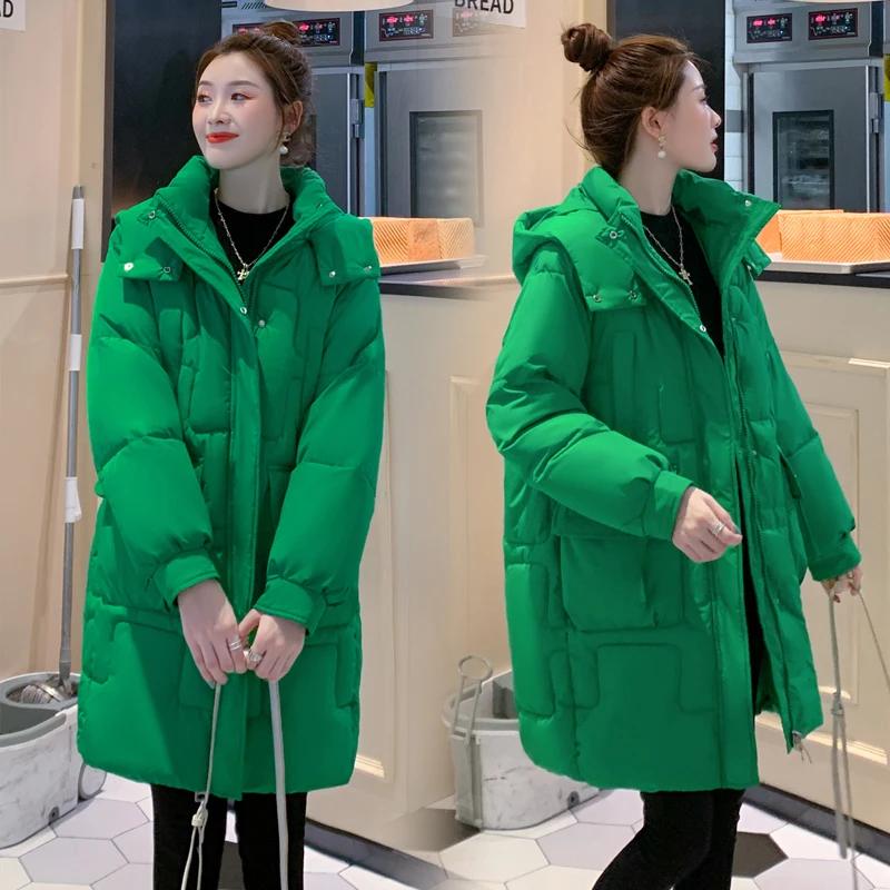 Korean Winter Women Mid-long Parkas Jackets Casual Pockets Thick Warm Hooded Loose Coat Female Winter Outwear Windproof Parkas