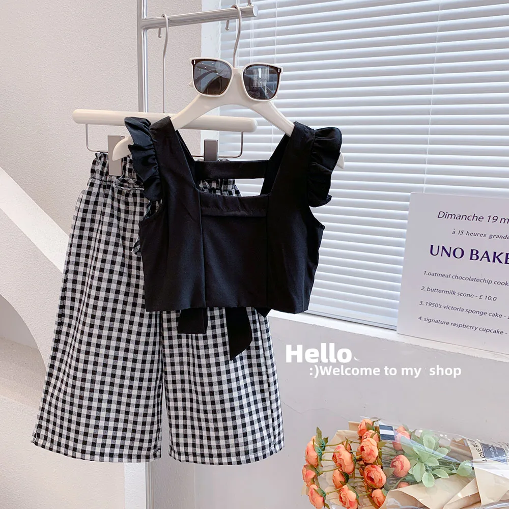

Summer Kids Girls Clothes Sets Fashion Backless Ruffles Fly Sleeve Vest Girl T-Shirt+Loose Plaid Pants 2Pcs Children Outfit Suit