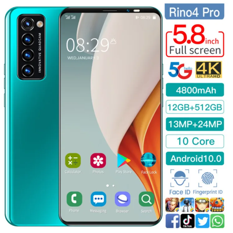 

Global Version Smartphone Rino 4 pro 12GB 512GB 5.8 Inch 4800Ma Unlock Android 9 Mobile Phone Celular Daul SIM Card 4G Network