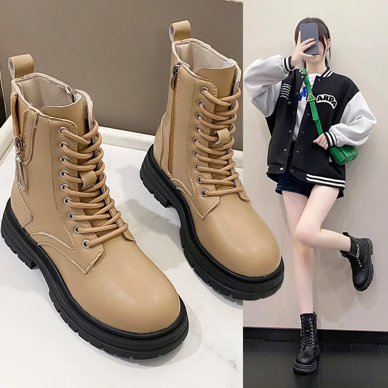 2023 Martin Boots Fashion Lacing Side Zipper Boots Woman Casual Autumn Winter Keep Warm Female Ankle Boots Thick Bottom Boots