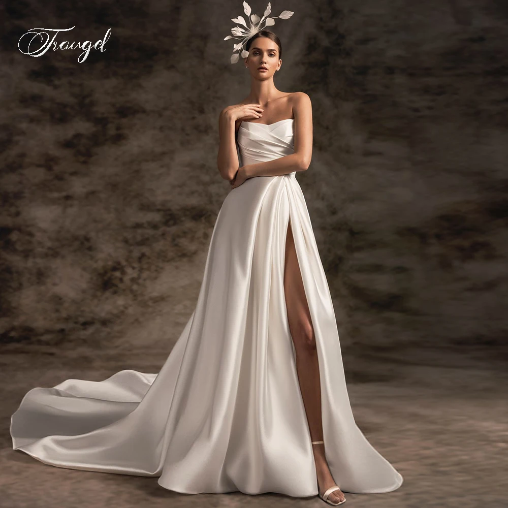 

Traugel Sexy Sweetheart Matte Satin Pleat Vintage Wedding Dresses Robe De Mariee Luxury Court Train Princess A Line Bridal Gown