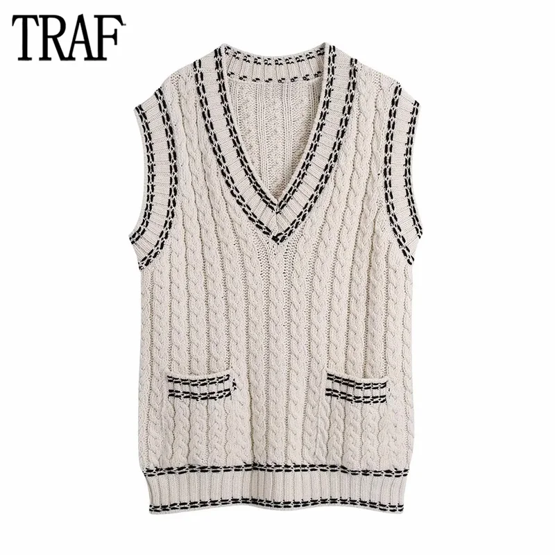 

TRAF 2023 Sleeveless Vests for Women Beige Knitted Sweater Vest Woman Winter Pullover Knit Vest Women Streetwear Ribbed Vest