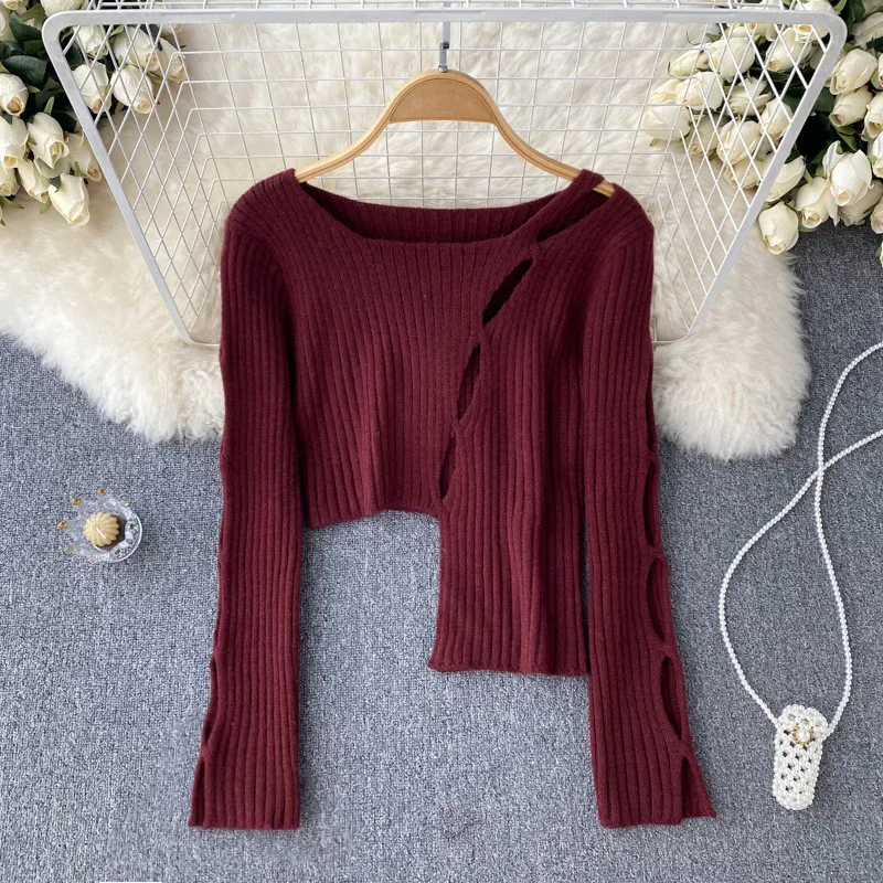 

Design hollow out irregular long sleeve knit shirt sweater new autumn women's short bottomed top blusas