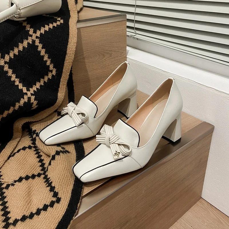 classic women shoes chunky high heel pumps bow tie pointed toe office lady shoes party ladies dress shoes bowtie knot nude pumps