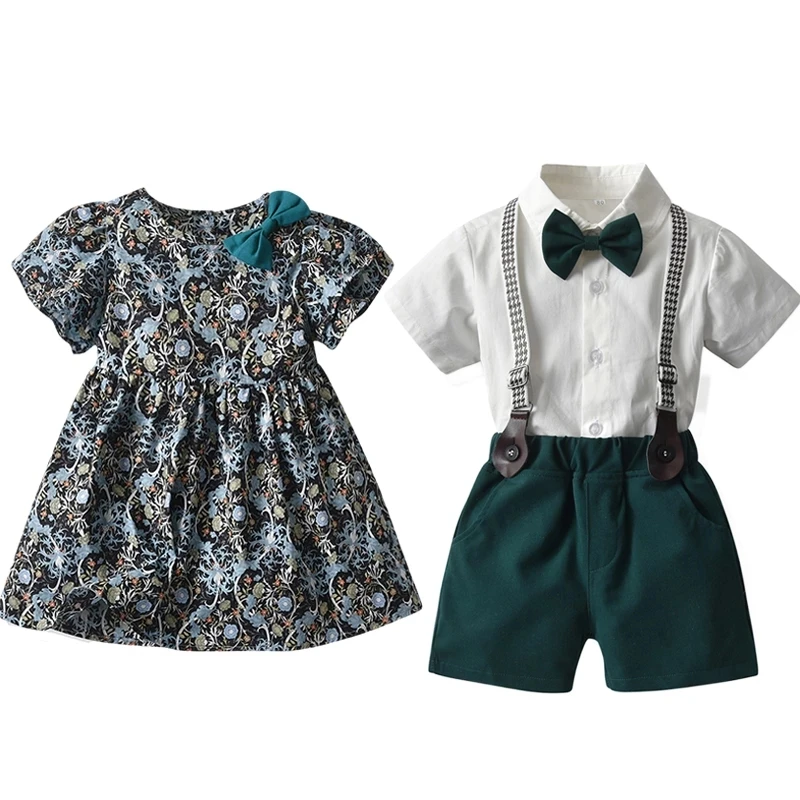 

Модель 2022 года, подходящий комплект для брата и сестры, рубашка и шорты для мальчиков, джентльменский костюм, платье для девочек, семейная од...