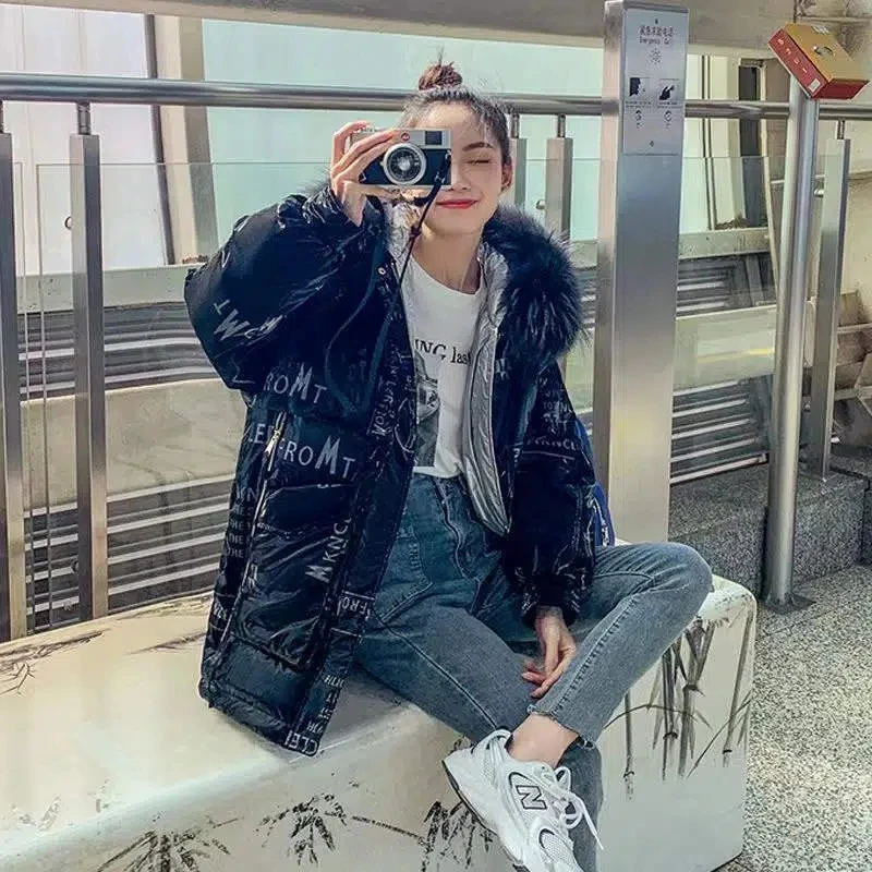 Parkas Women 2022 Winter New Down Padded Jacket Korean Loose Fashion Slim Down Cotton Coat Fur Collar Thick Warm Print Outerwear