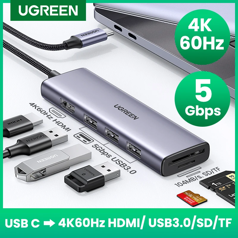 UGREEN USB C HUB 4K60Hz Type-C к HDMI SD и TF 5 Гбит/с USB3.0-порты для док-станции с USB-разветвителем Lapop