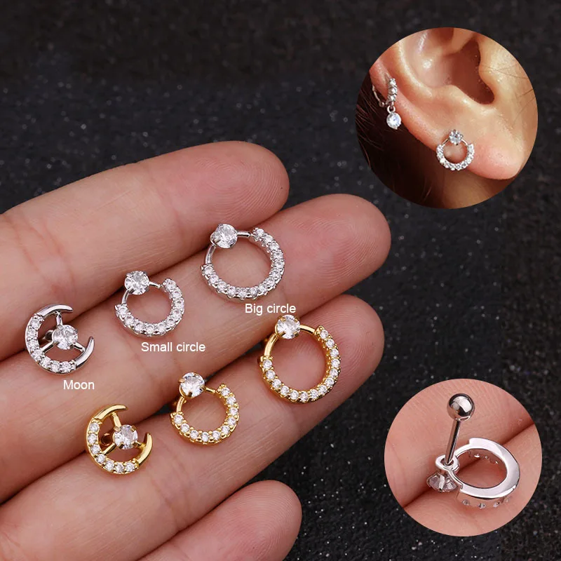 

316L Stainless Steel Ear Stud Round Zircon Helix Cartilage Tragus Needle Earring Screw Ball 20G Thin Rod Body Piercing Jewelry