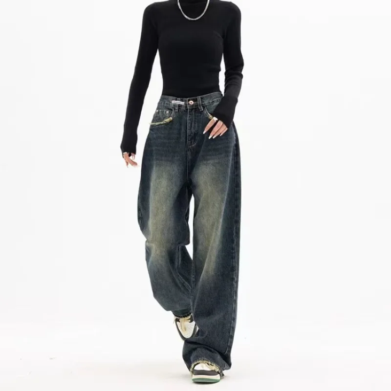 Autumn and Winter New Fashion Trendy Jeans Women's Straight Loose Wide-Leg Pants Water Blue Retro Slim Fit