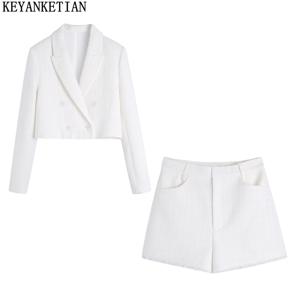 

KEYANKETIAN ZA 2022 Women's Fashion White Textured Cropped Blazer Women's Retro Lapel Long Sleeve Shoulder Pad Short Jacket