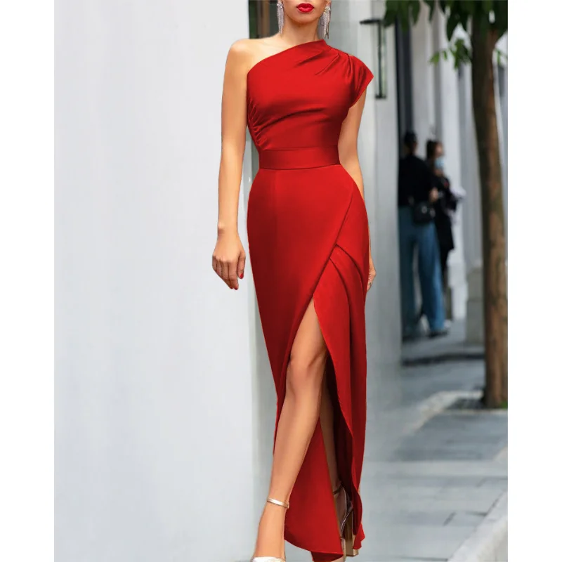 

Women Summer Solid Slim Maxi Long Dress Elegant Party Fashion Streetwear High Waist One Shoulder Zipper Bodycon Dress New 2023