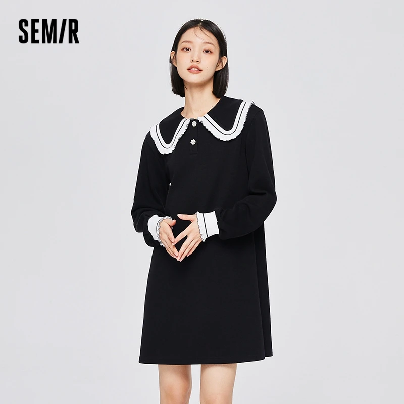 

Semir Dress Women Contrast Color Doll Collar Loose 2022 Autumn New Sweet Beauty Growth Sleeve Dress Playful