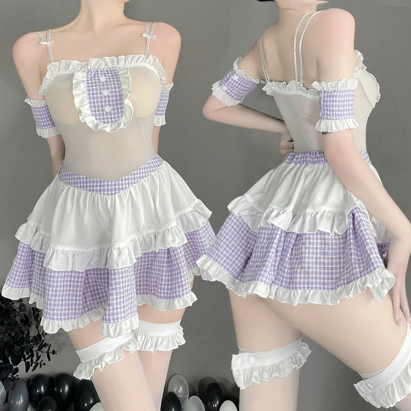 

3 Colors Cute School Girl Cosplay Costume Uniform Women Sexy Lingerie Transparent Plaid Dress Student Tempatation Roleplay Set
